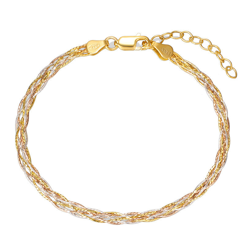 Italian Braided Elegant Bamboo Design Three Tone 925 Sterling Silver Bracelet