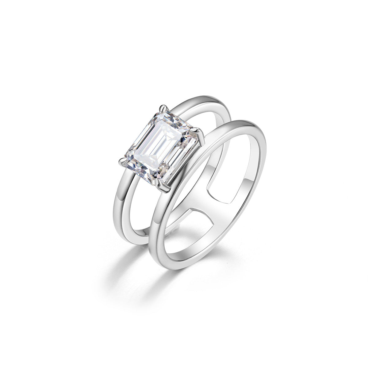 Rectangular Moissanite Centre Stone with Double Band  925 Sterling Silver Ring