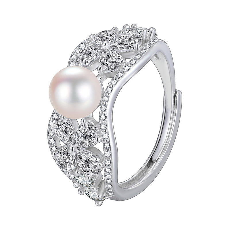 Elegant Fashion Women Floral Cluster Statement Flower Pearl Bead Cubic Zirconia Solid 925 Sterling Silver Open Ring