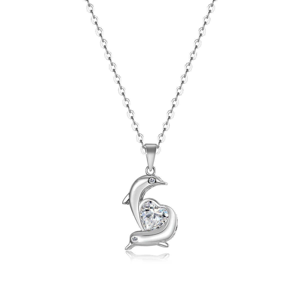 Dolphin Embrace Heart Shaped Moissanite S925 Sterling Silver Pendant Necklace