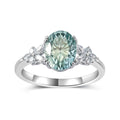 Oval Blue Green Moissanite  925 Sterling Silver Floral Side Stone Cluster Ring