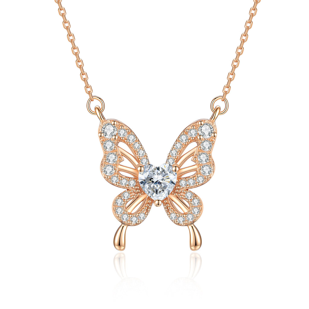 Butterfly Moissanite Hollow Heart Wing Design 925 Sterling Silver Pendant Necklace