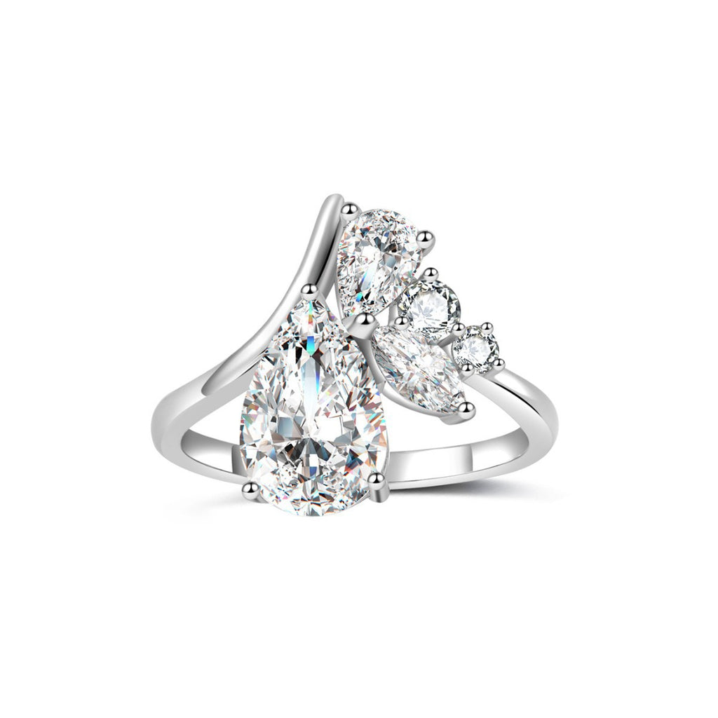 Moissanite Teardrop Centre Stone With Marquise-Cut Side Stones 925 Sterling Silver Ring