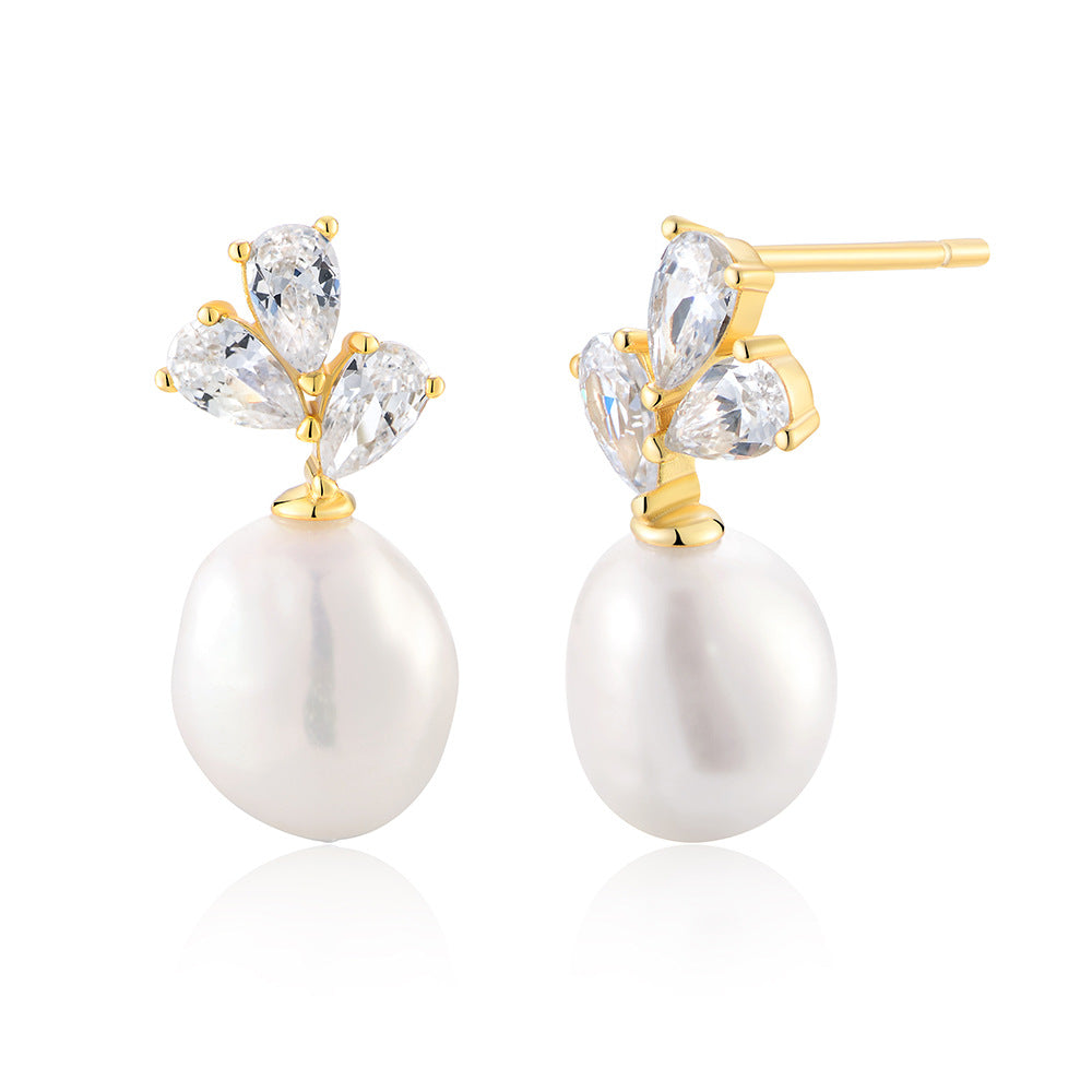 Natural Pearl And Clear Cubic Zirconia Three Petal Cluster  In 925 Sterling Silver  Drop Stud Earrings