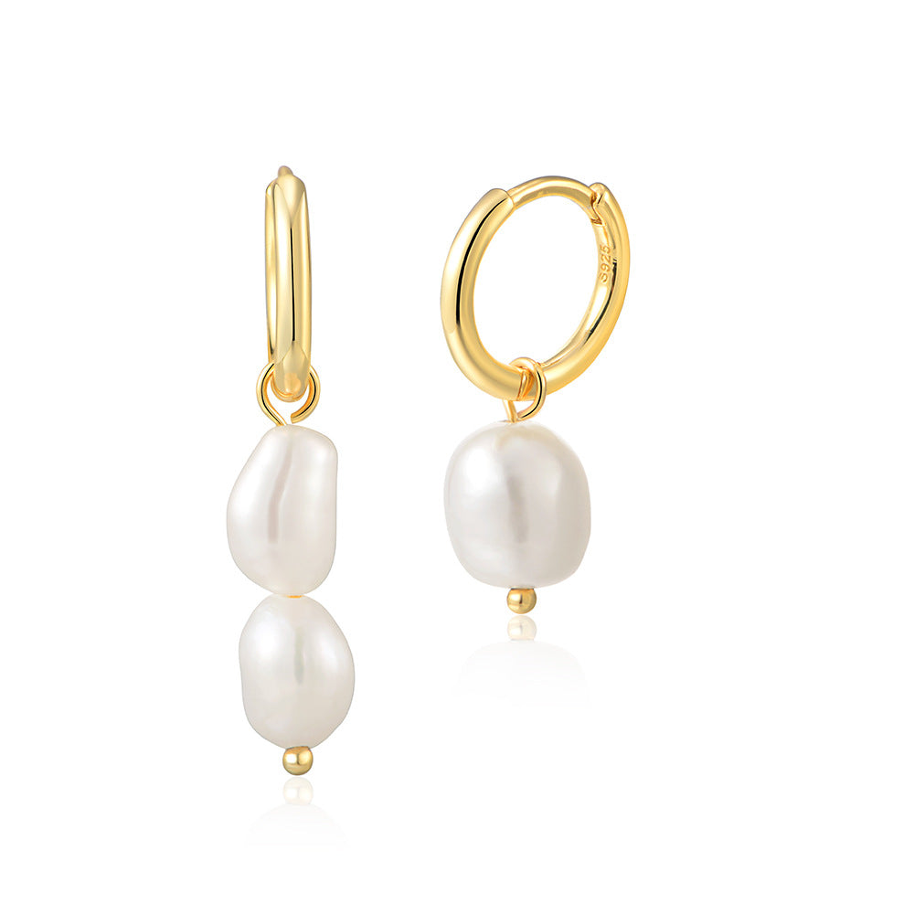 Natural Freshwater Baroque Pearl Asymmetrical  925 Sterling Silver Hoop Earrings