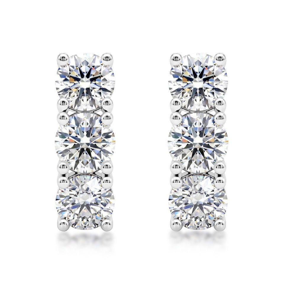 Triple Round Moissanite Geometric Row Silver Tone 925 Sterling Silver Stud Earrings