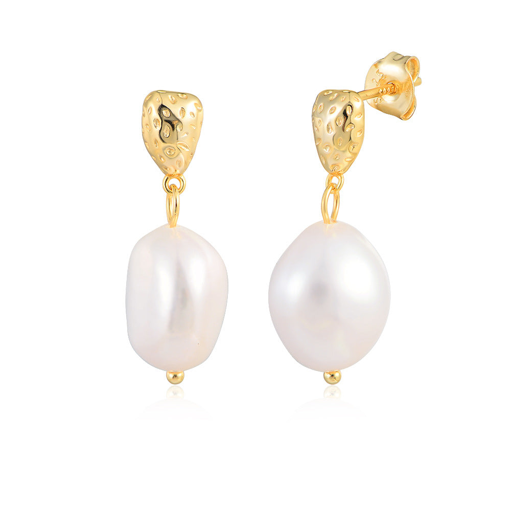 Natural White Baroque Pearl Textured Geometric 925 Sterling Silver Drop Stud Earrings