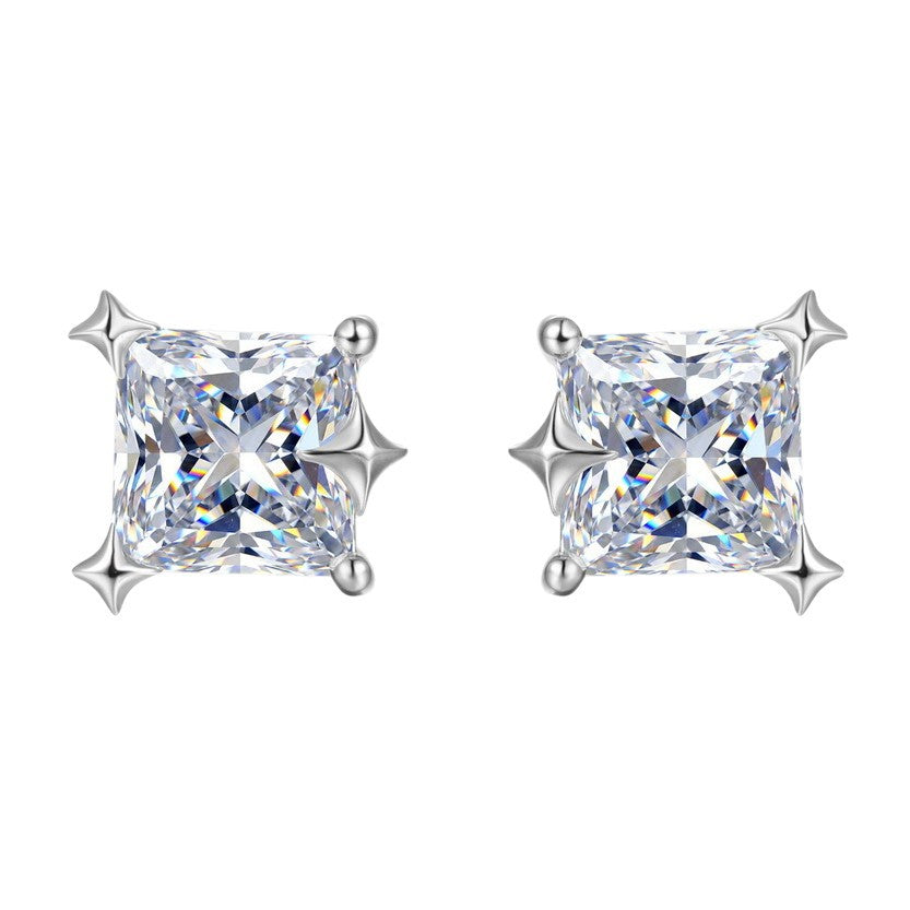 Moissanite Geometric Star Corner Princess Cut Square 925 Sterling Silver Stud Earrings