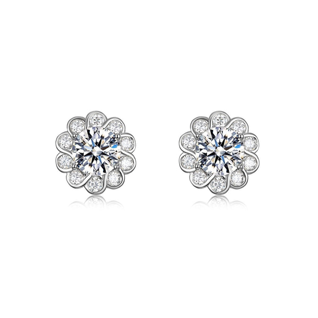 Sunflower Flower Halo Moissanite  In Silver Tone 925 Sterling Silver Stud Earrings