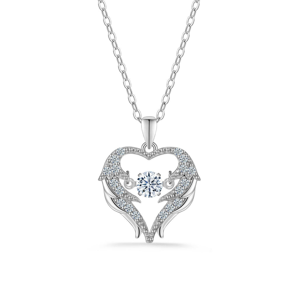 Heart Angel Wing Moissanite 925 Sterling Silver Moving Center Stone Pendant Necklace