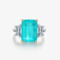 Rectangular Paraíba blue synthetic sapphire 925 sterling silver three stone Ring