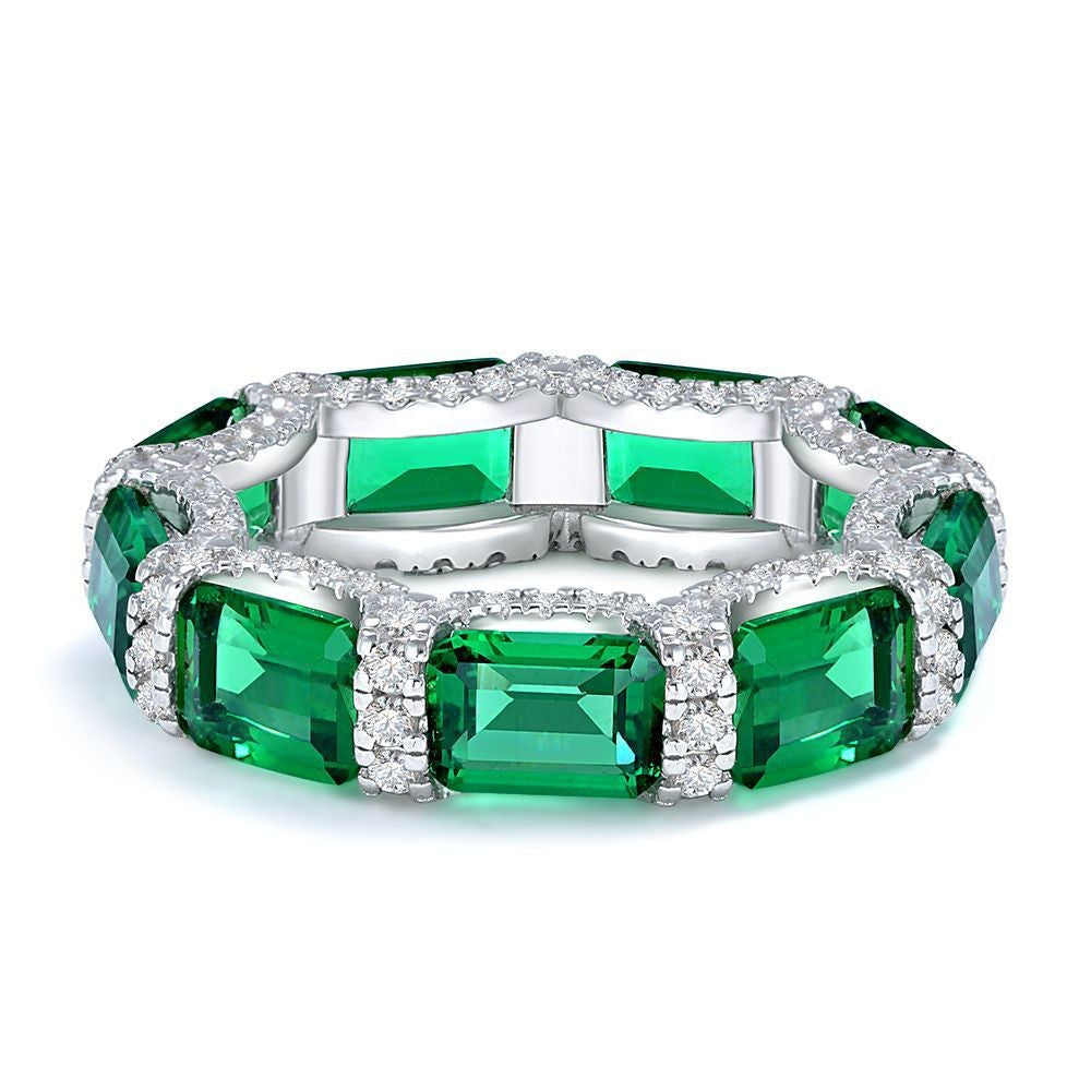Green Emerald-Cut Synthetic Emerald Zircon Full-Circle Eternity 925 Sterling Silver Ring