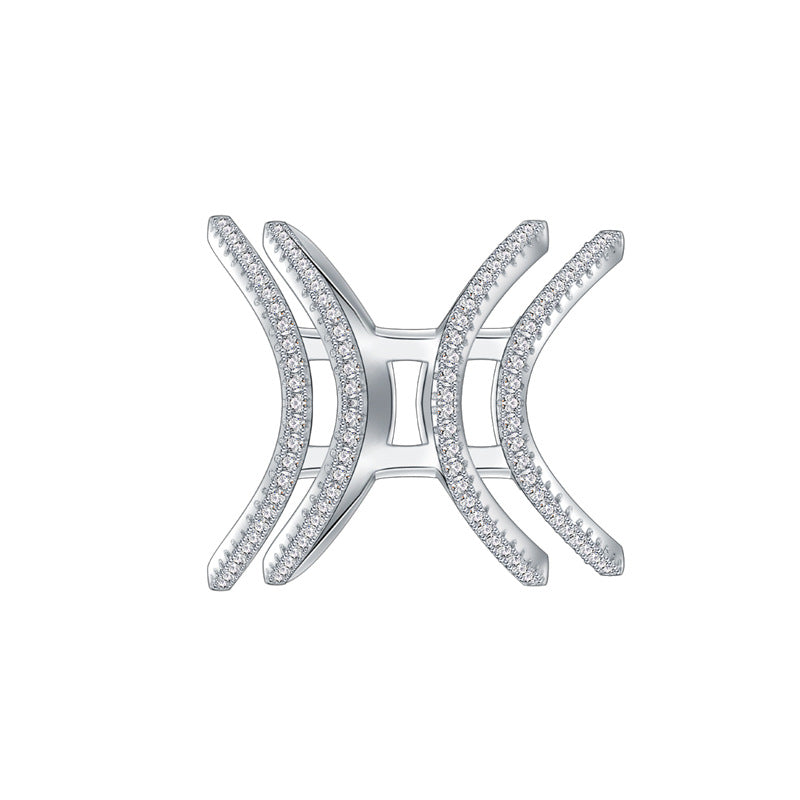 925 Sterling Silver Pave Setting Cubic Zirconia Double Criss Cross Open Band Ring