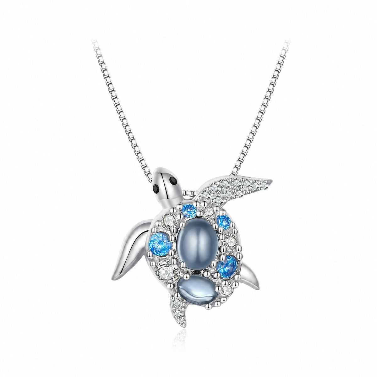 Ocean Themed Blue Sea Turtle 925 Sterling Silver Box Chain Necklace