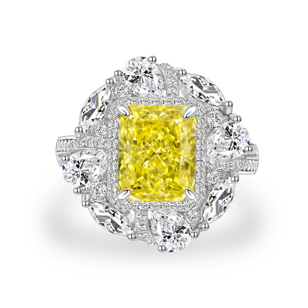 Stylish Yellow Rectangular Zirconia Halo 925 Sterling Silver Ring