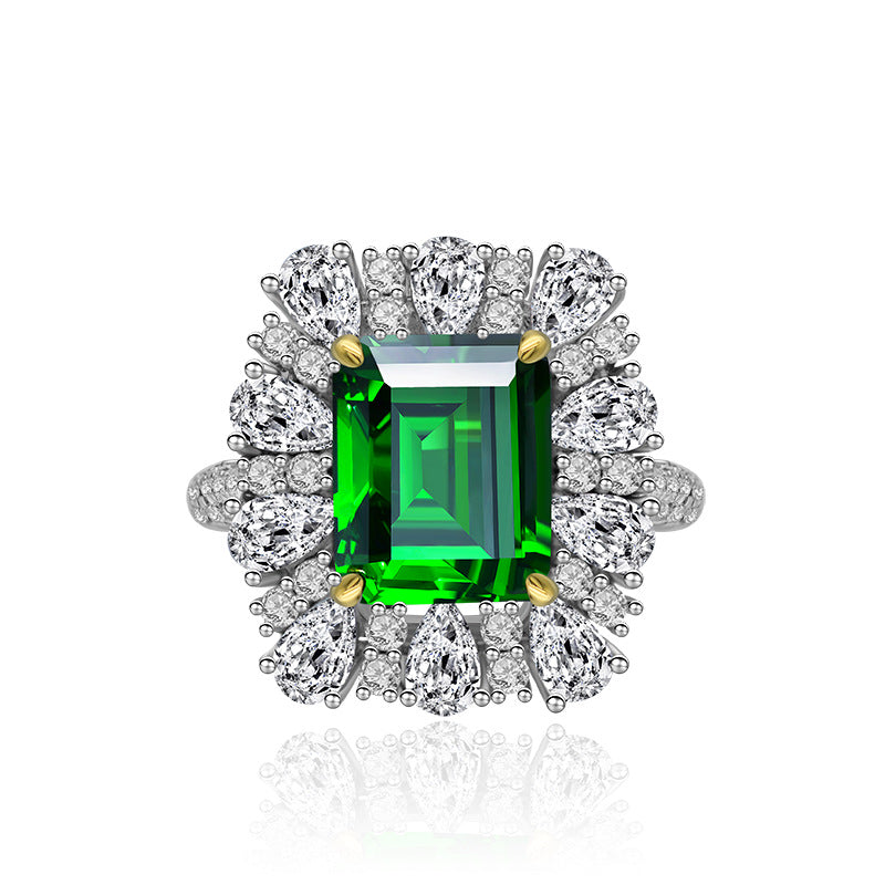 Green Emerald Cut Synthetic Emerald Zirconia Crown Halo S925 Silver Ring