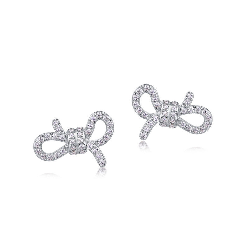 Bowknot Cubic Zirconia Ear  925 Sterling Silver Stud Earrings