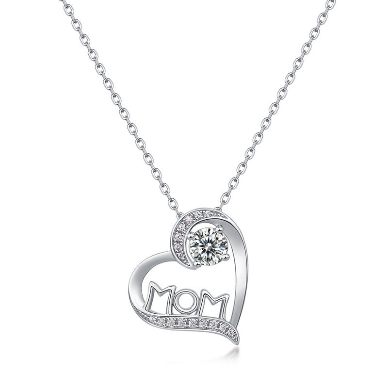 Moissanite Heart MOM Letter Pendant 925 Sterling Silver Necklace