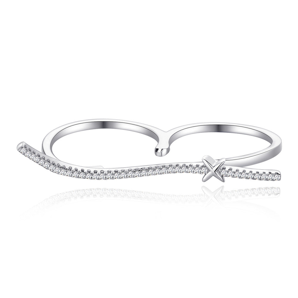 Geometric White Cubic Zirconia Irregular Wave Double Finger Ring In S925 Sterling Silver Open Adjustable Ring