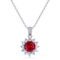 Sunflower Halo Red Lab Ruby Cubic Zirconia Pendant 925 Sterling Silver Flower Chain Necklace