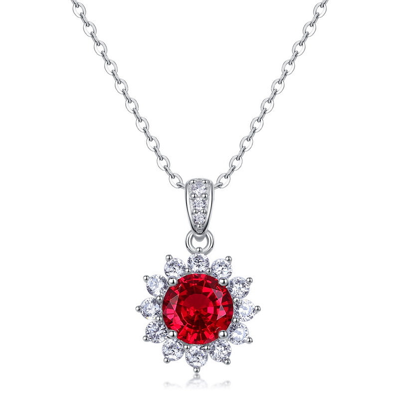 Sunflower Halo Red Lab Ruby Cubic Zirconia Pendant 925 Sterling Silver Flower Chain Necklace