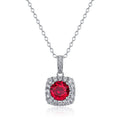 Classic Cushion Halo  With Red Lab Created Ruby Round Center Stone 925 Sterling Silver Pendant Necklace