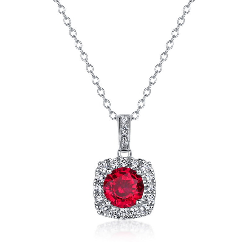Classic Cushion Halo  With Red Lab Created Ruby Round Center Stone 925 Sterling Silver Pendant Necklace
