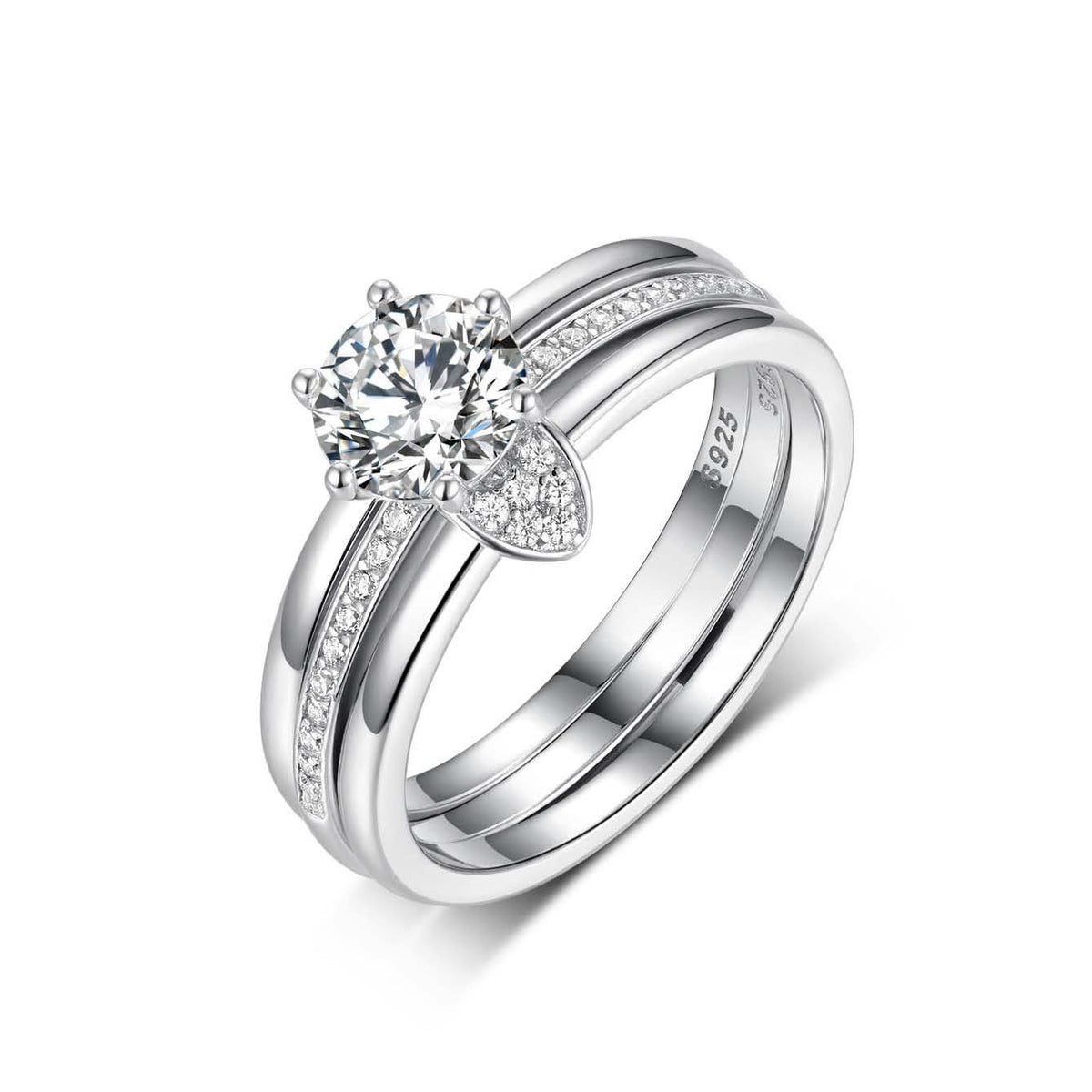 Moissanite 925 Sterling Silver Three Band Bridal  Set Round Six Prong Solitaire Pave Ring