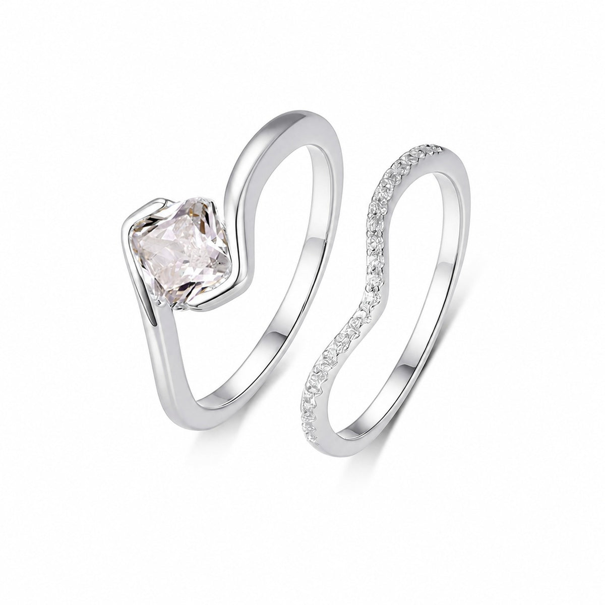 Moissanite Two Piece set Cushion Cut Solitaire And V Shaped Pave Band 925 Sterling Silver Elegant Fashion Ring