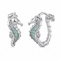 925 Sterling Silver with Cubic Zirconia and Blue-Green Glass Seahorse Hoop Earrings