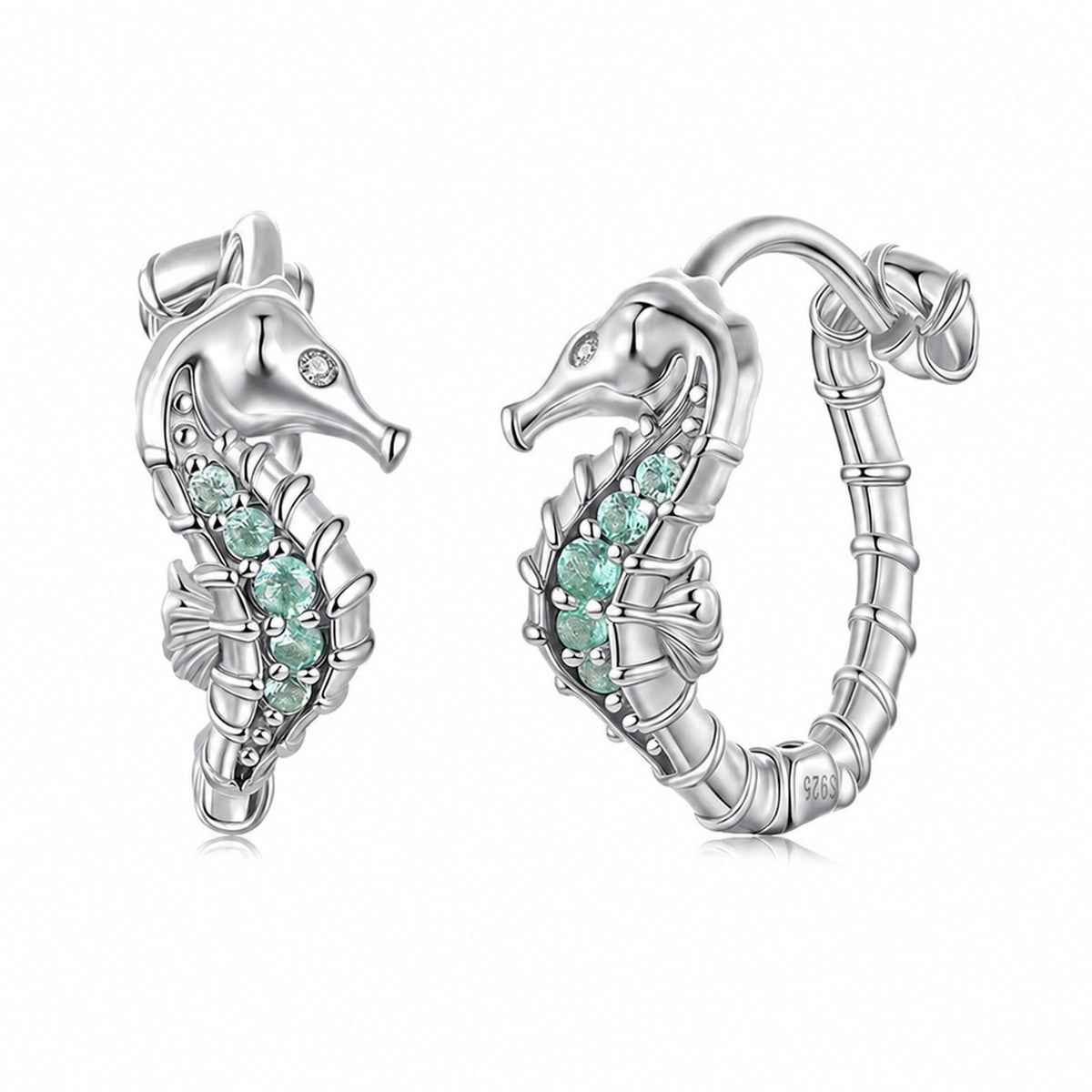 925 Sterling Silver with Cubic Zirconia and Blue-Green Glass Seahorse Hoop Earrings