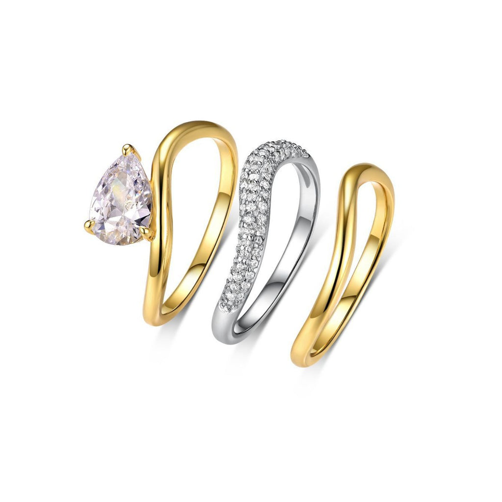 Three Piece Teardrop Shaped Cubic Zirconia Set Stackable 925 Sterling Silver Rings