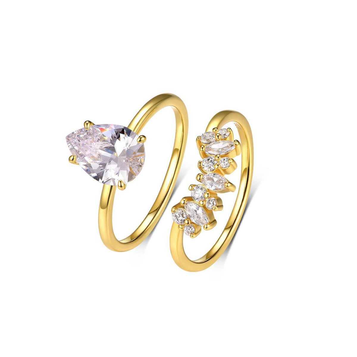 Women’s Striped Design Pear-Shaped Moissanite Two-Piece Stackable Set of 925 Sterling Silver Rings