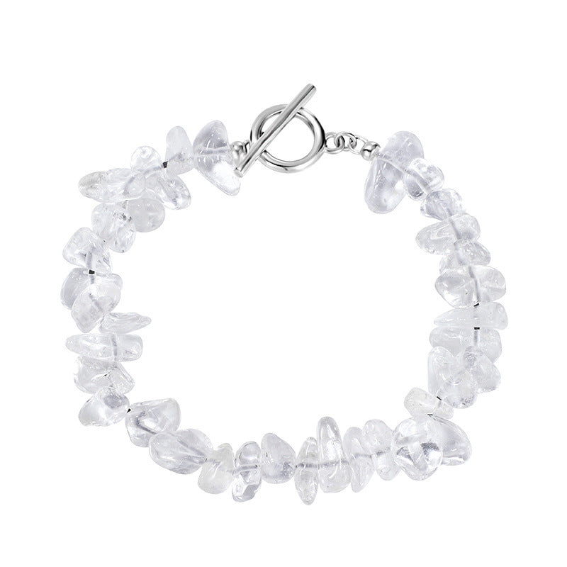 Natural Stone Irregular Clear White Crystal Chip Bead OT Toggle Clasp 925 Sterling Silver Bracelet