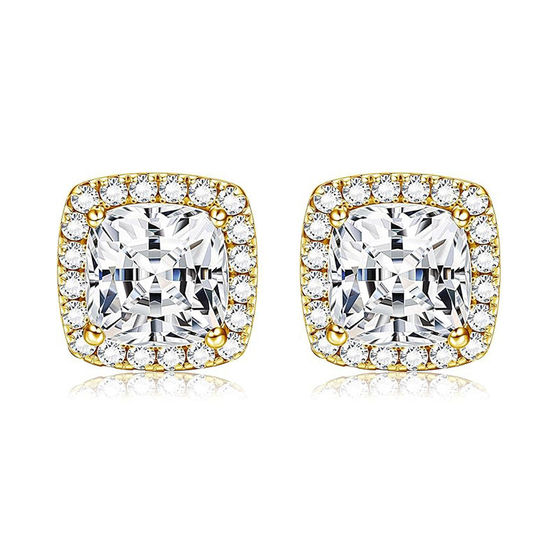 Modern Classic Statement Geometric Square Cushion Halo Cubic Zirconia 925 Sterling Silver Ear Stud Earrings