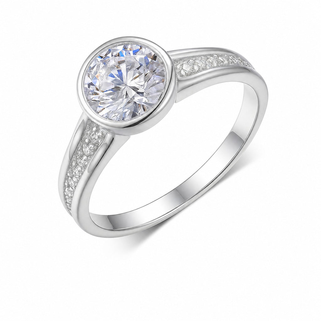 Round Bezel Set Moissanite 925 Sterling Silver Elegant Fashion Ring