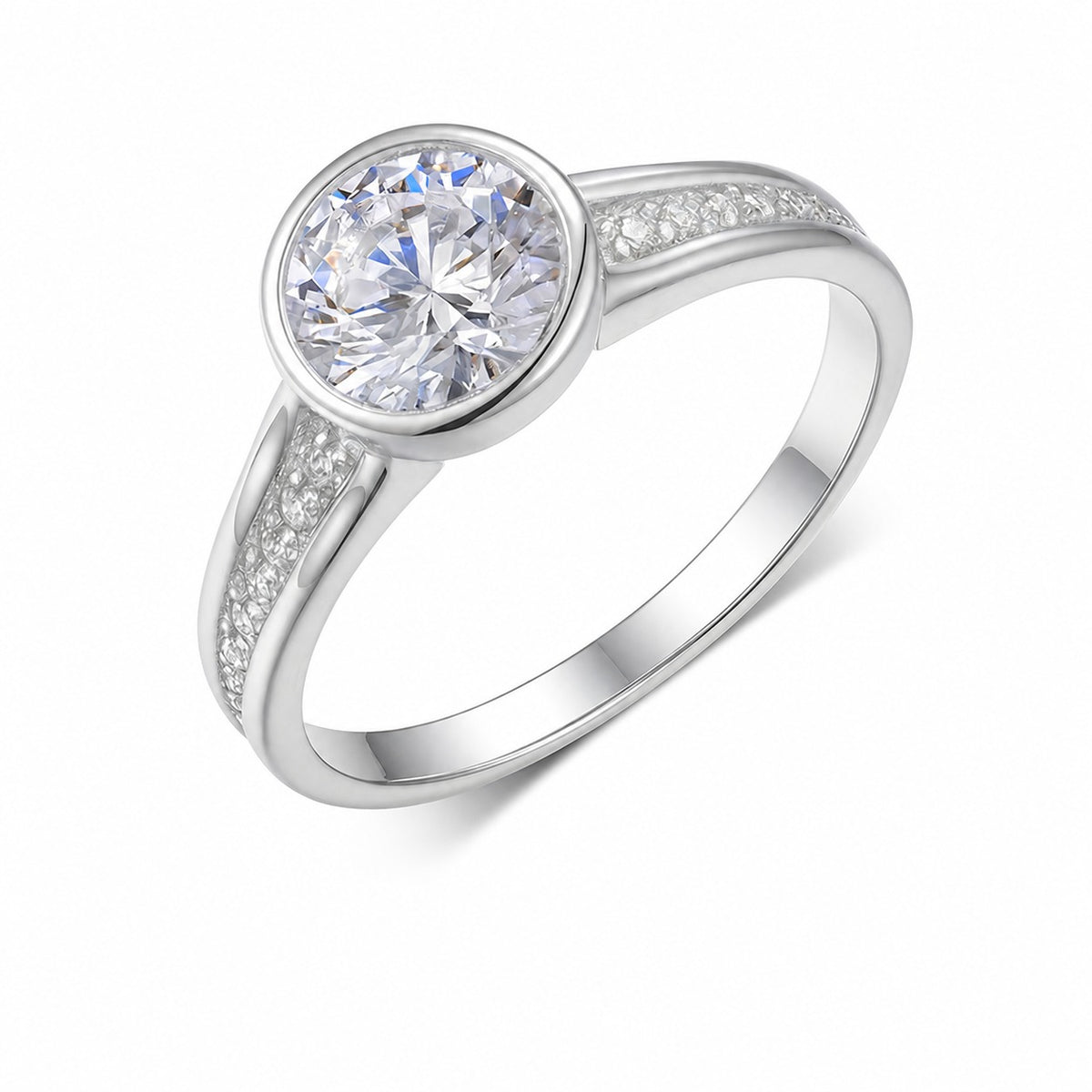 Round Bezel Set Moissanite 925 Sterling Silver Elegant Fashion Ring