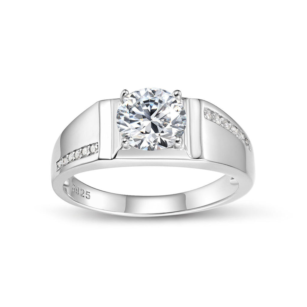 Round Solitaire D Color Center Stone Men's S925 Silver Geometric Band Moissanite Ring