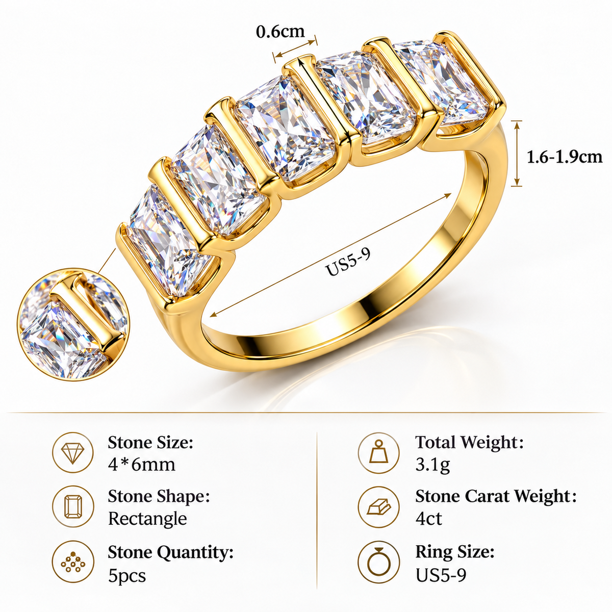 Five Stone Geometric Moissanite 925 Sterling Silver Rectangular Ring