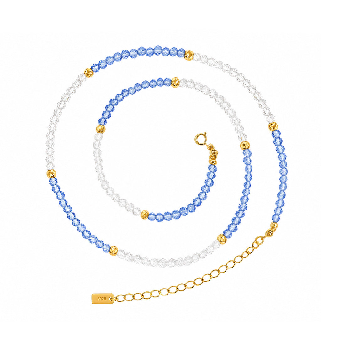 Minimalist Two-Tone Blue Clear Faceted Gemstone Gold Beaded Adjustable Ladies Fine Jewelry 925 Sterling Silver Necklace