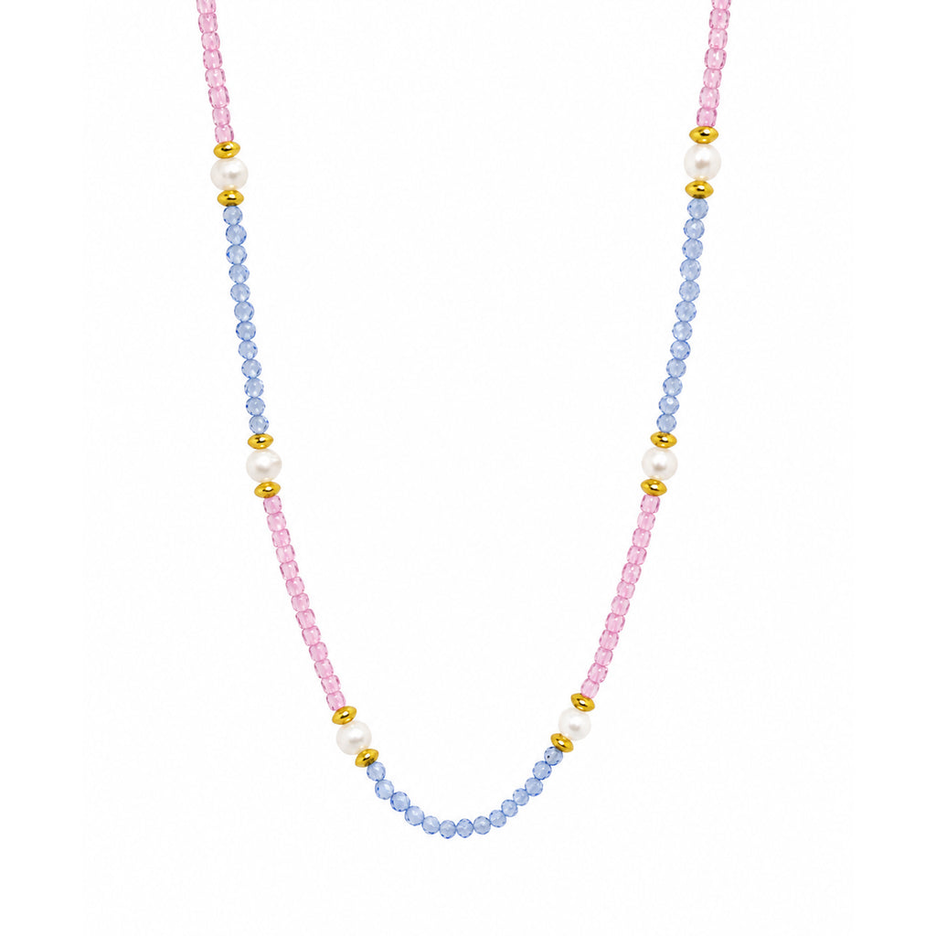 Pink Blue Cubic Zirconia Topaz Pearl Beaded Strand Hypoallergenic Fashion Jewellery Gift 925 Sterling Silver Necklace