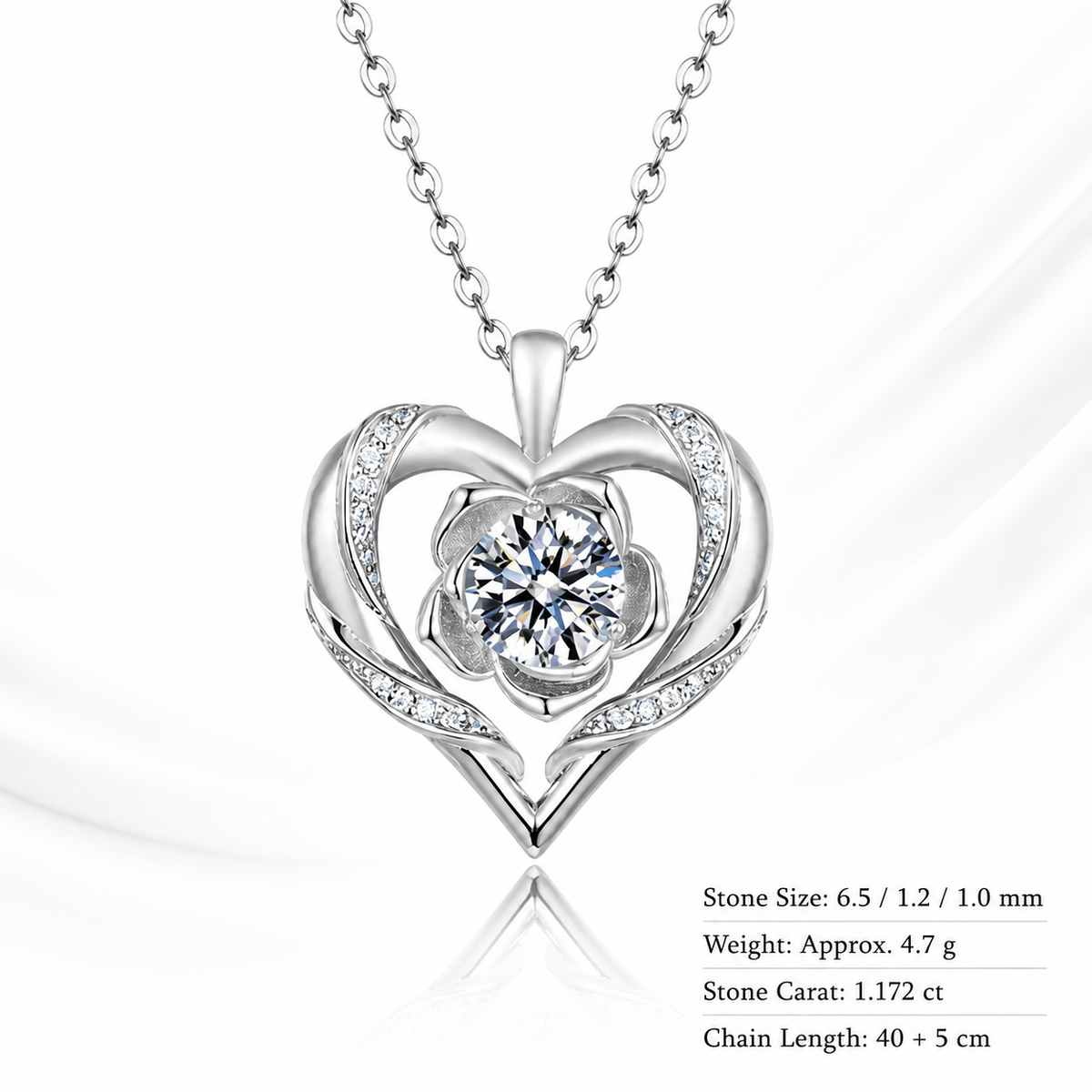 Heart Rose Flower Silver 925 Sterling Silver Moissanite Pendant Necklace