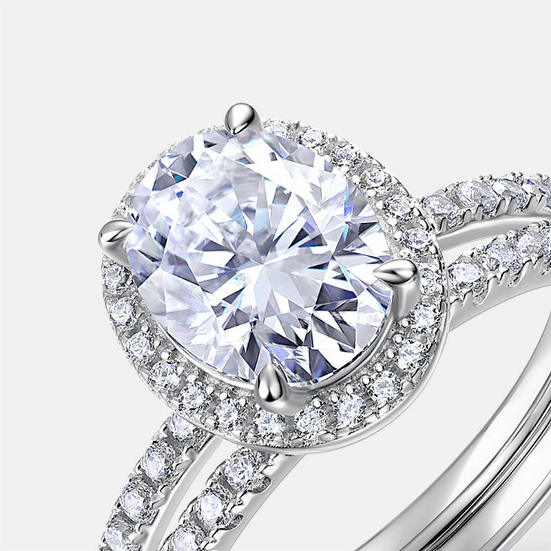 Oval Halo Moissanite  925 Sterling Silver Split Shank Band Ring