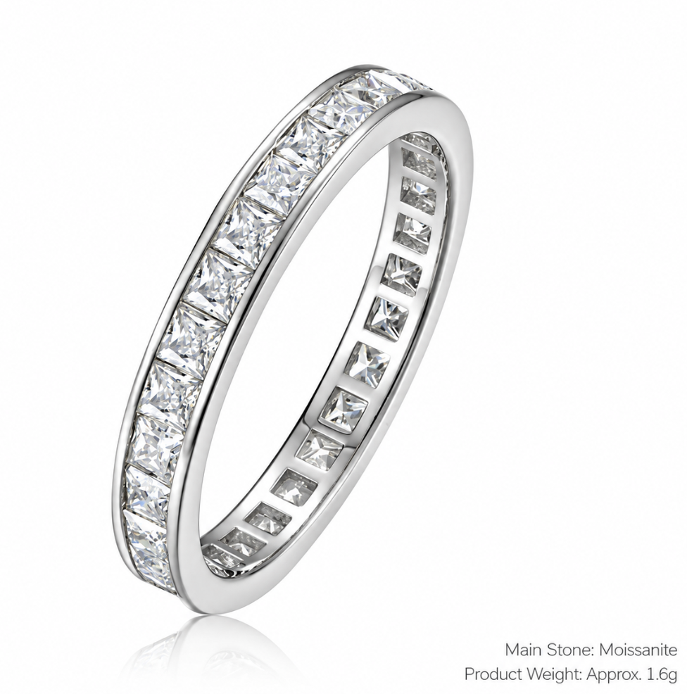 D Color Square Moissanite Full Eternity 925 Sterling Silver Ring