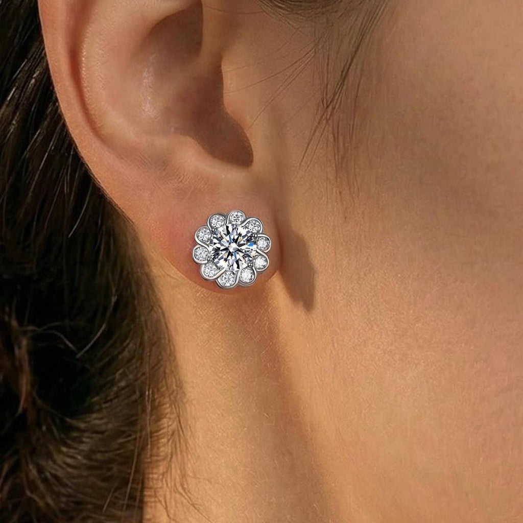 Sunflower Flower Halo Moissanite  In Silver Tone 925 Sterling Silver Stud Earrings