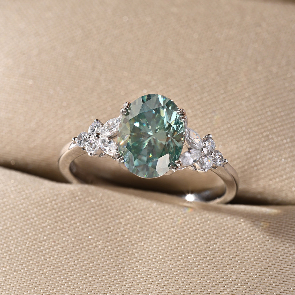 Oval Blue Green Moissanite  925 Sterling Silver Floral Side Stone Cluster Ring