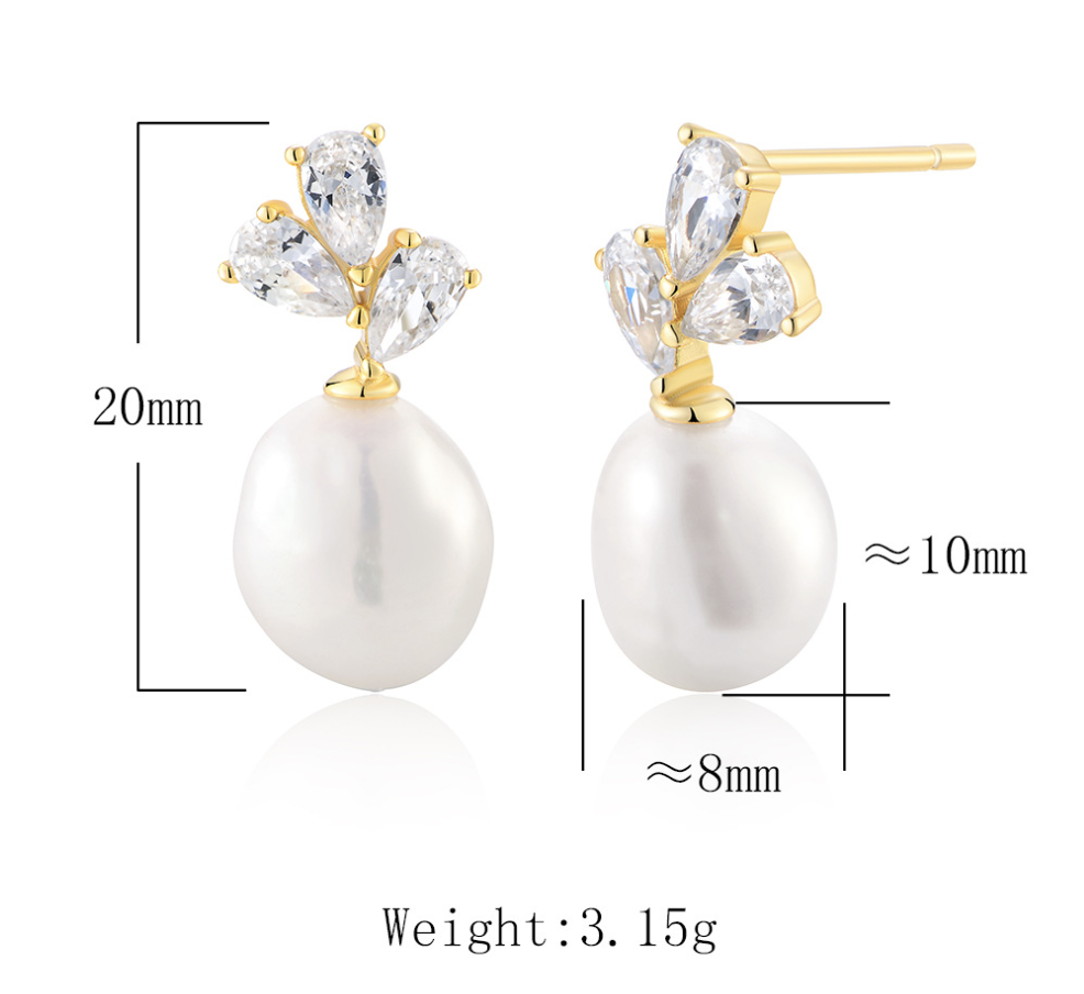 Natural Pearl And Clear Cubic Zirconia Three Petal Cluster  In 925 Sterling Silver  Drop Stud Earrings