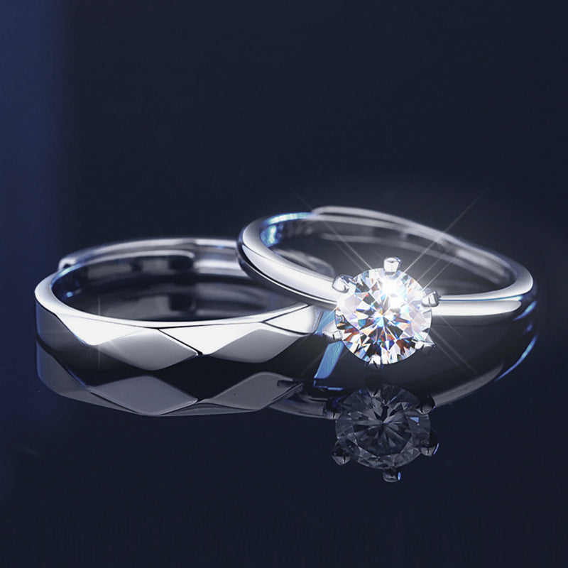 Minimalist Six-Prong Moissanite Silver S925 Sterling Silver Wedding Engagement Band Set Couple Rings