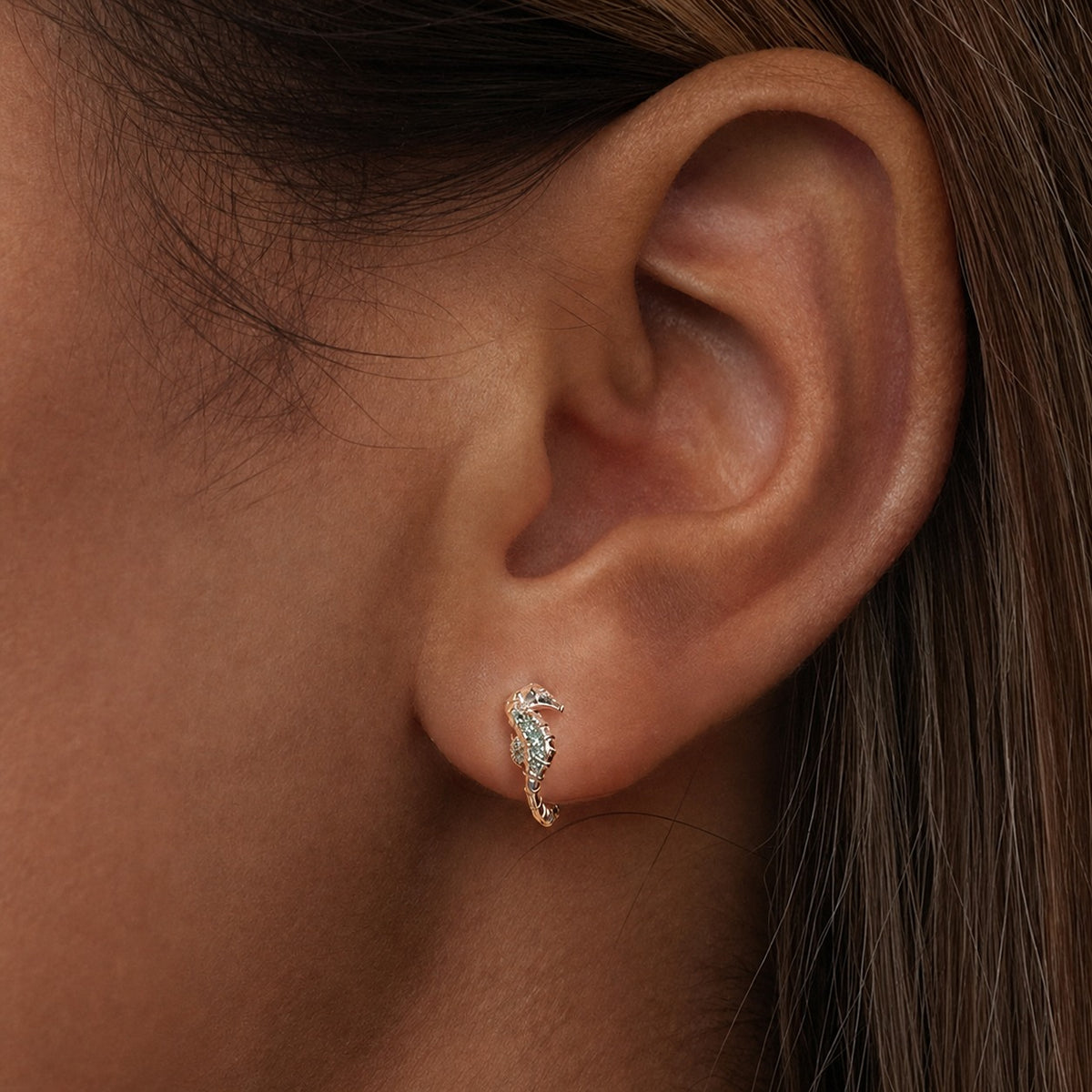 925 Sterling Silver with Cubic Zirconia and Blue-Green Glass Seahorse Hoop Earrings