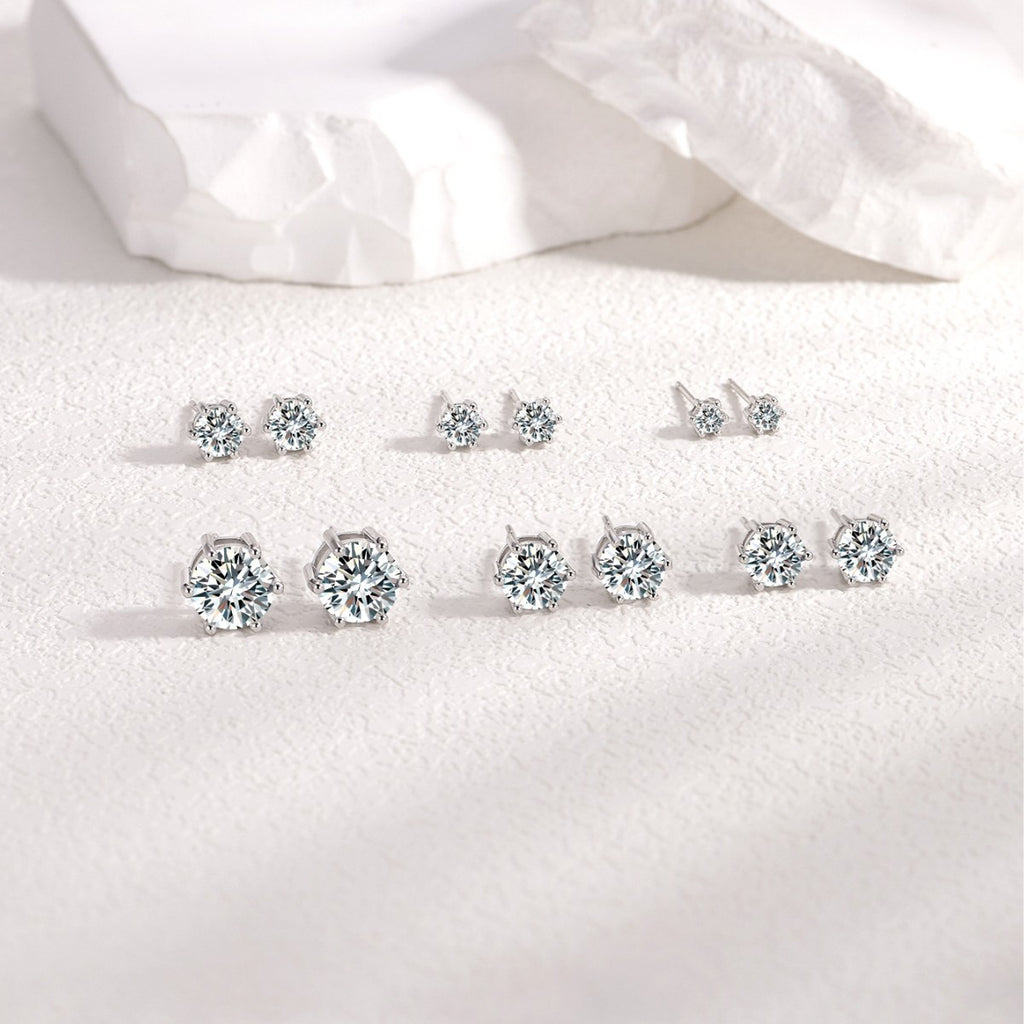 Minimalist-Style Six Pronged Moissanite, 925 Sterling Silver Earrings